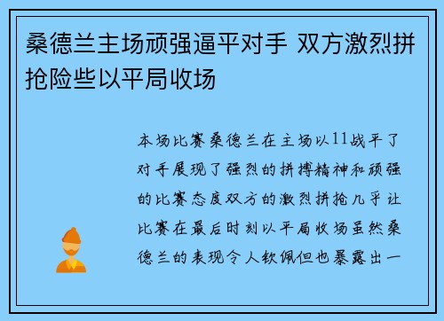 桑德兰主场顽强逼平对手 双方激烈拼抢险些以平局收场