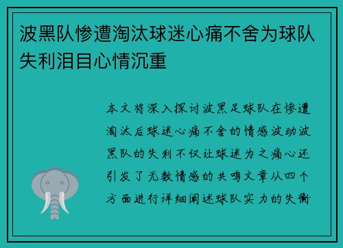 波黑队惨遭淘汰球迷心痛不舍为球队失利泪目心情沉重