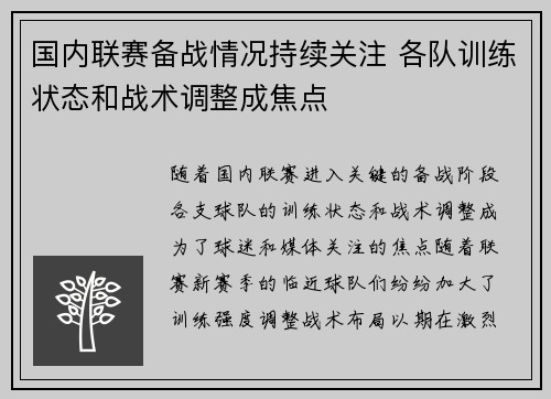 国内联赛备战情况持续关注 各队训练状态和战术调整成焦点
